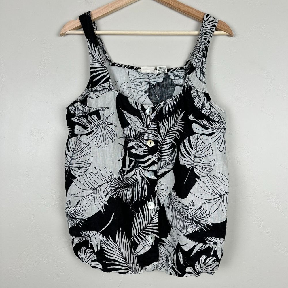 Womens Linen Botanical Coastal Tank Top Sz Large Vacation Summer Button Front